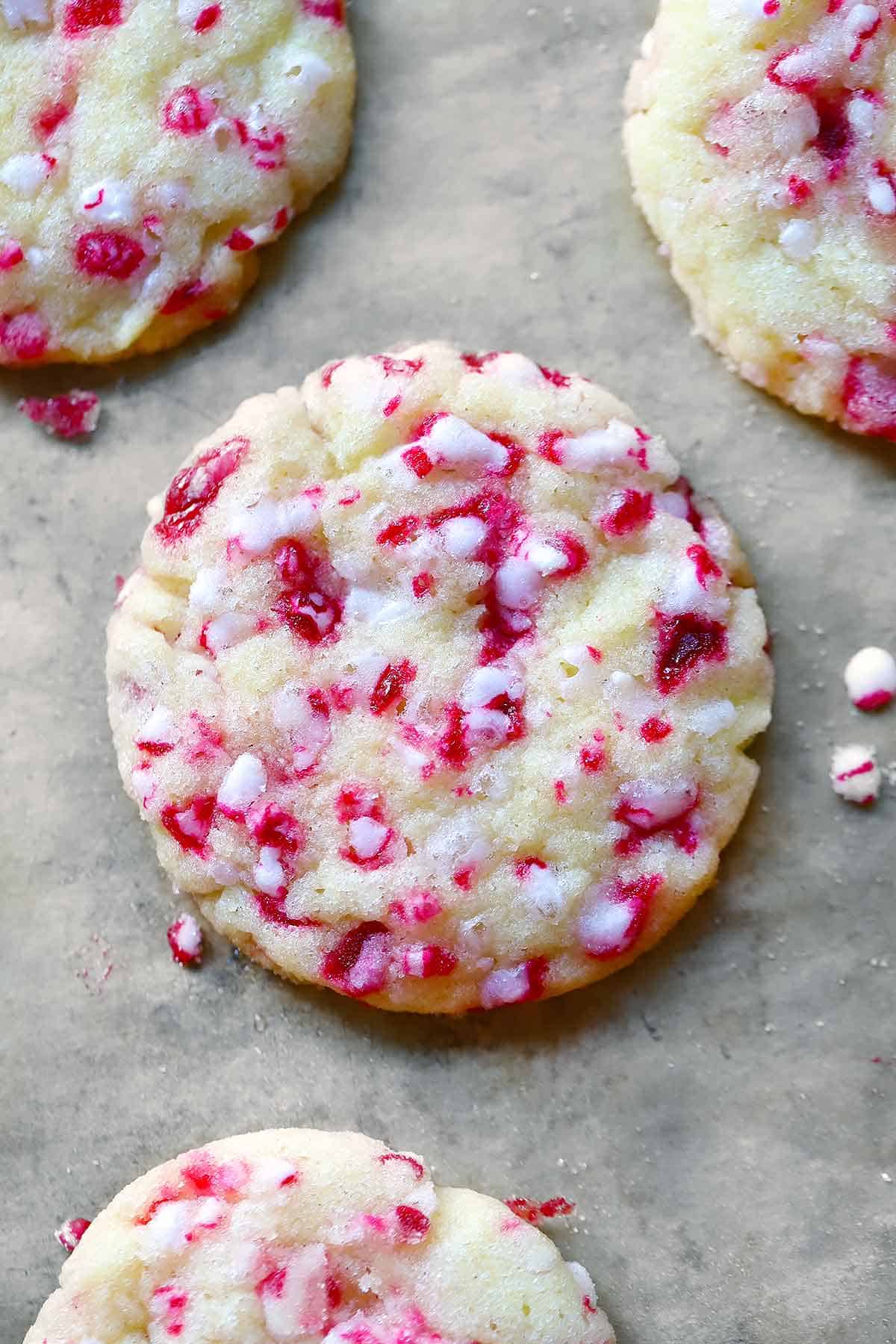 Close up photo of a peppermint sugar cookie.