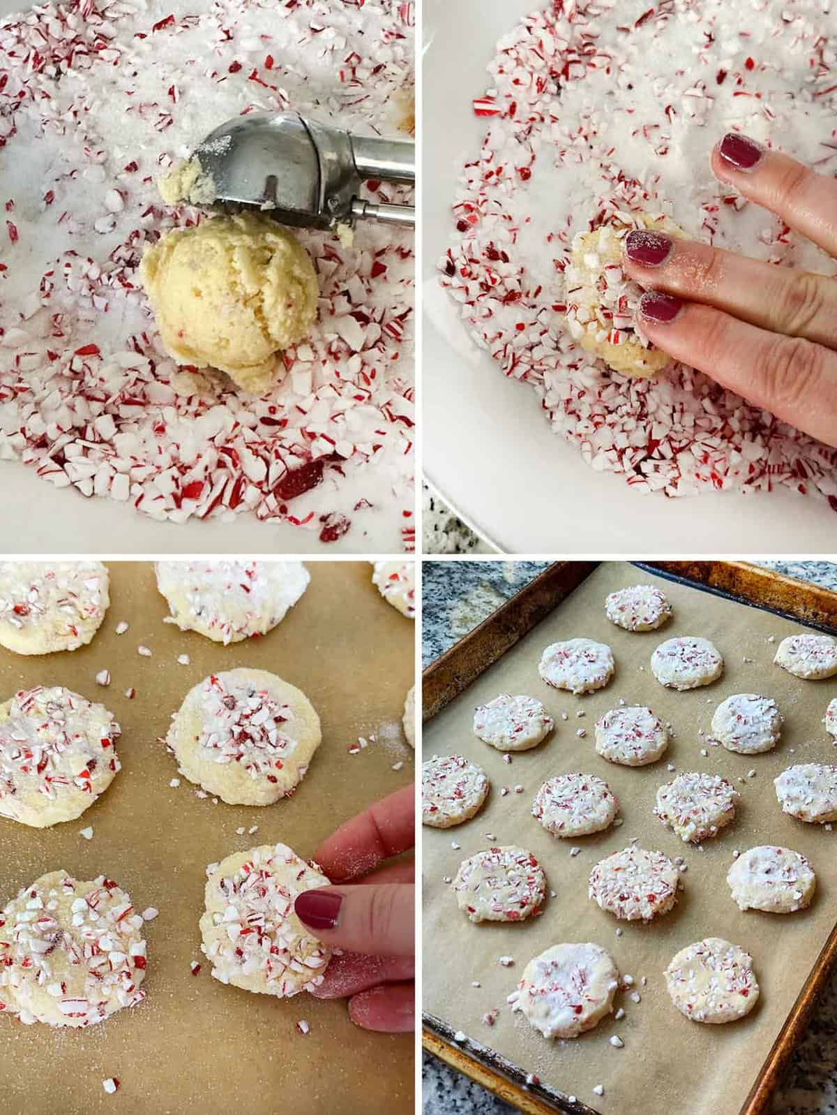 Photo collage showing how to press cookie dough into crushed peppermint and sugar and place on a baking sheet.