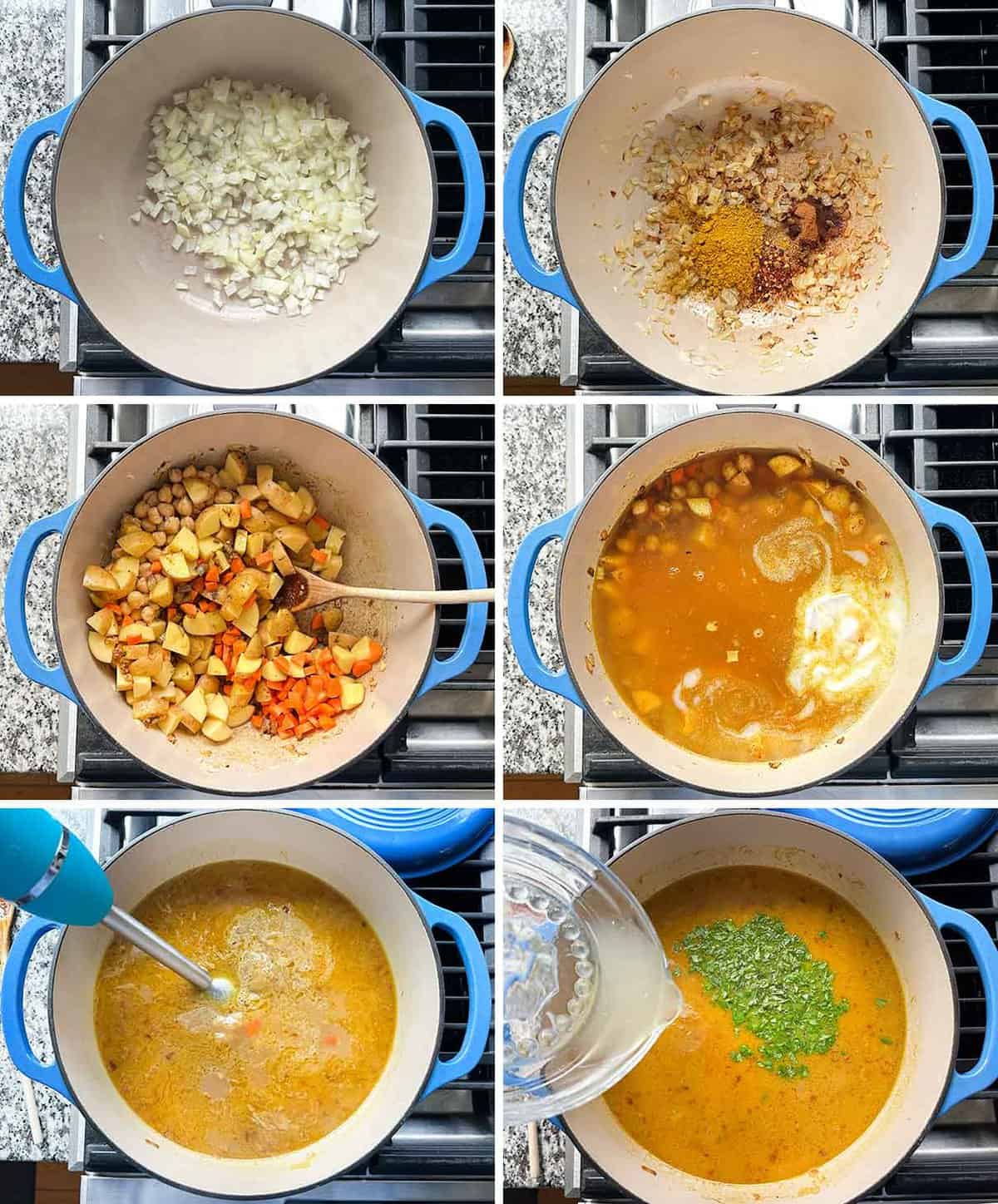 Process collage showing how to make curry soup in a blue Dutch oven.
