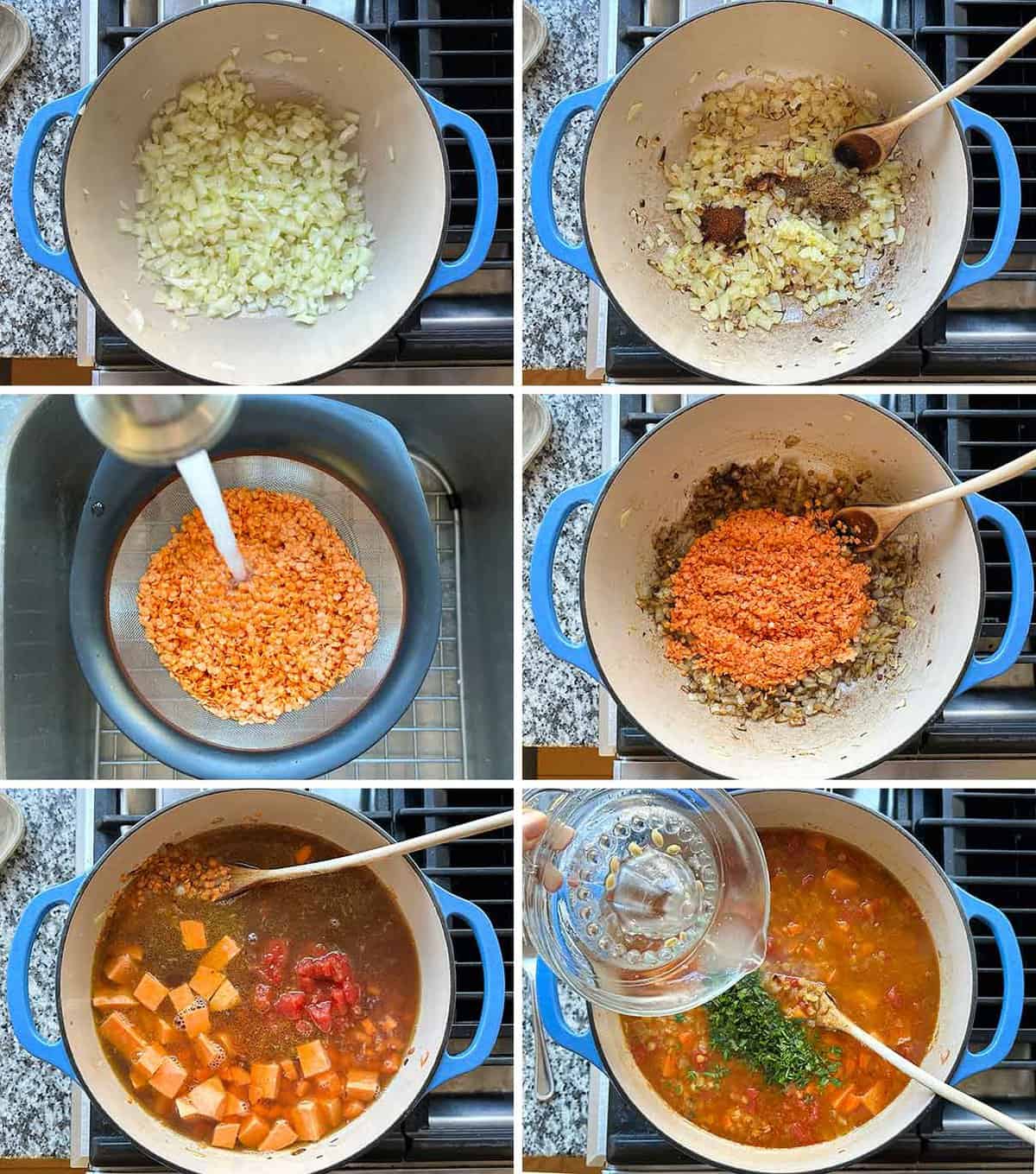 Process collage showing how to make red lentil soup in one pot.