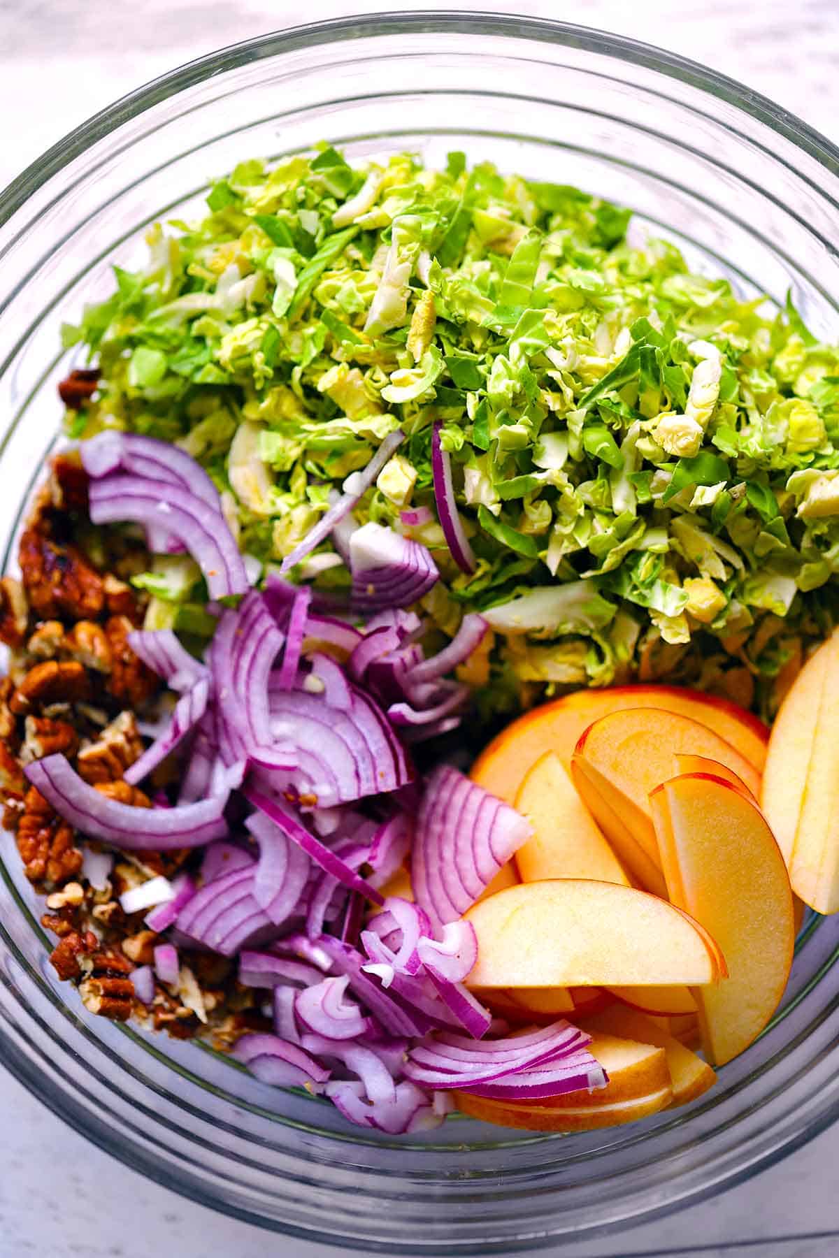 Shaved brussels sprouts, sliced apples, red onions, and candied pecans in a clear bowl.
