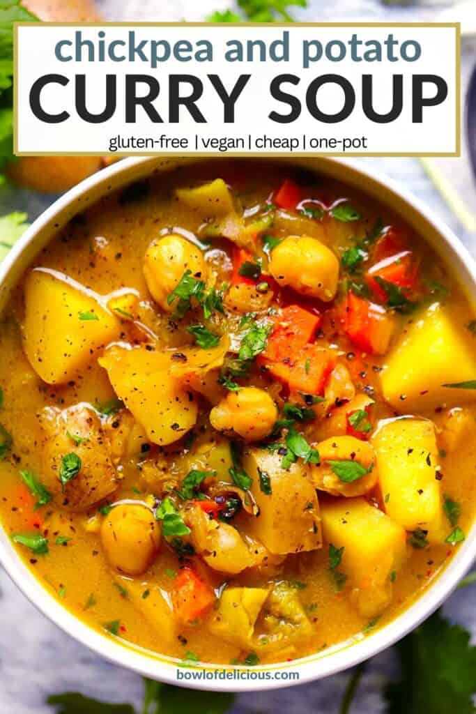 Pinterest image for curry soup with chickpeas and potatoes.