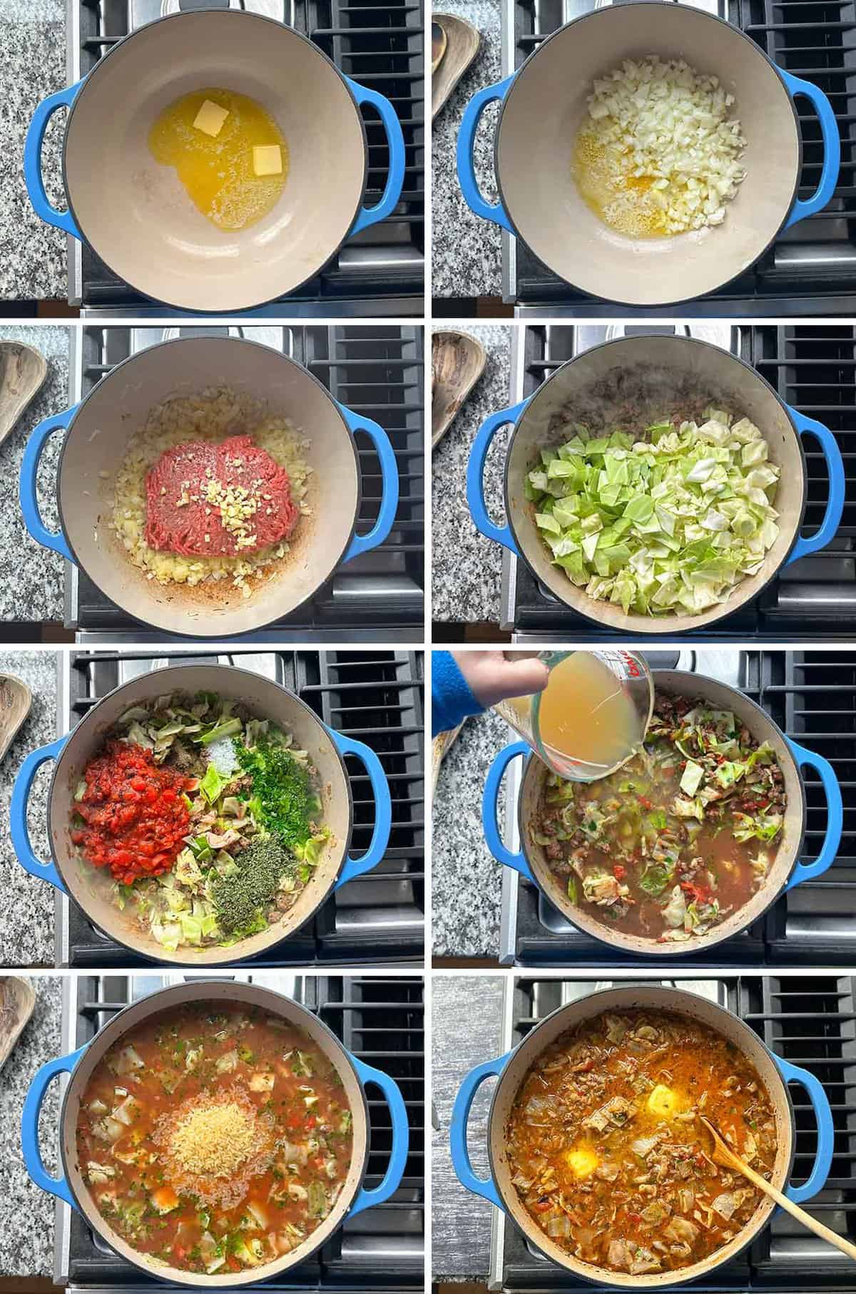 Process collage showing the steps for making stuffed cabbage roll soup in a pot on the stovetop.