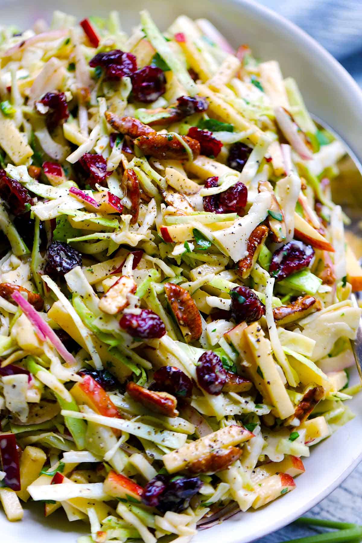 Close up photo of coleslaw with apples, cranberries, pecans, and cabbage.