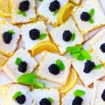 Square photo of overhead view of lemon bars.