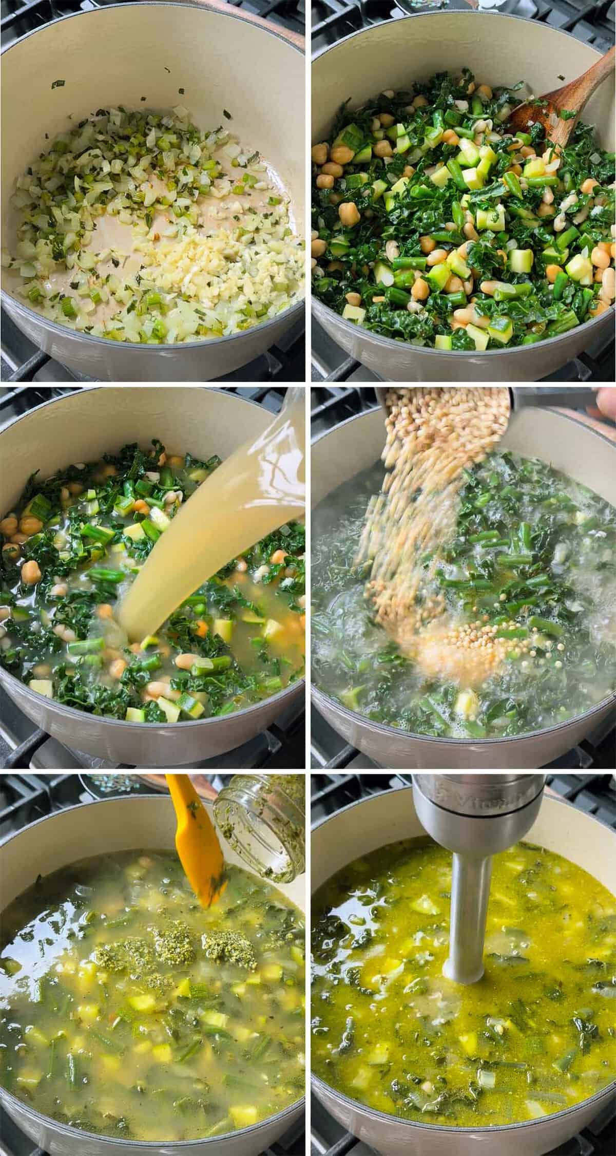 Six-image collage showing how to make green pesto minestrone soup: sautéing onion, celery, and garlic; adding kale, zucchini, green beans, and chickpeas; pouring in broth; adding pasta to the boiling soup; stirring in pesto; and blending part of the soup with an immersion blender.