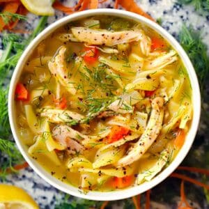 Square overhead photo of chicken noodle soup with shredded chicken, carrots, noodles, and dill in a white bowl.