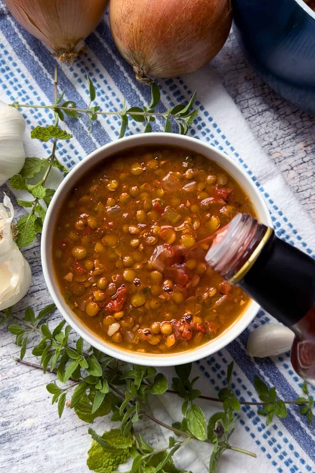 A horizontal photo of Greek Lentil Soup, or Fakes Soupa, or Faki.