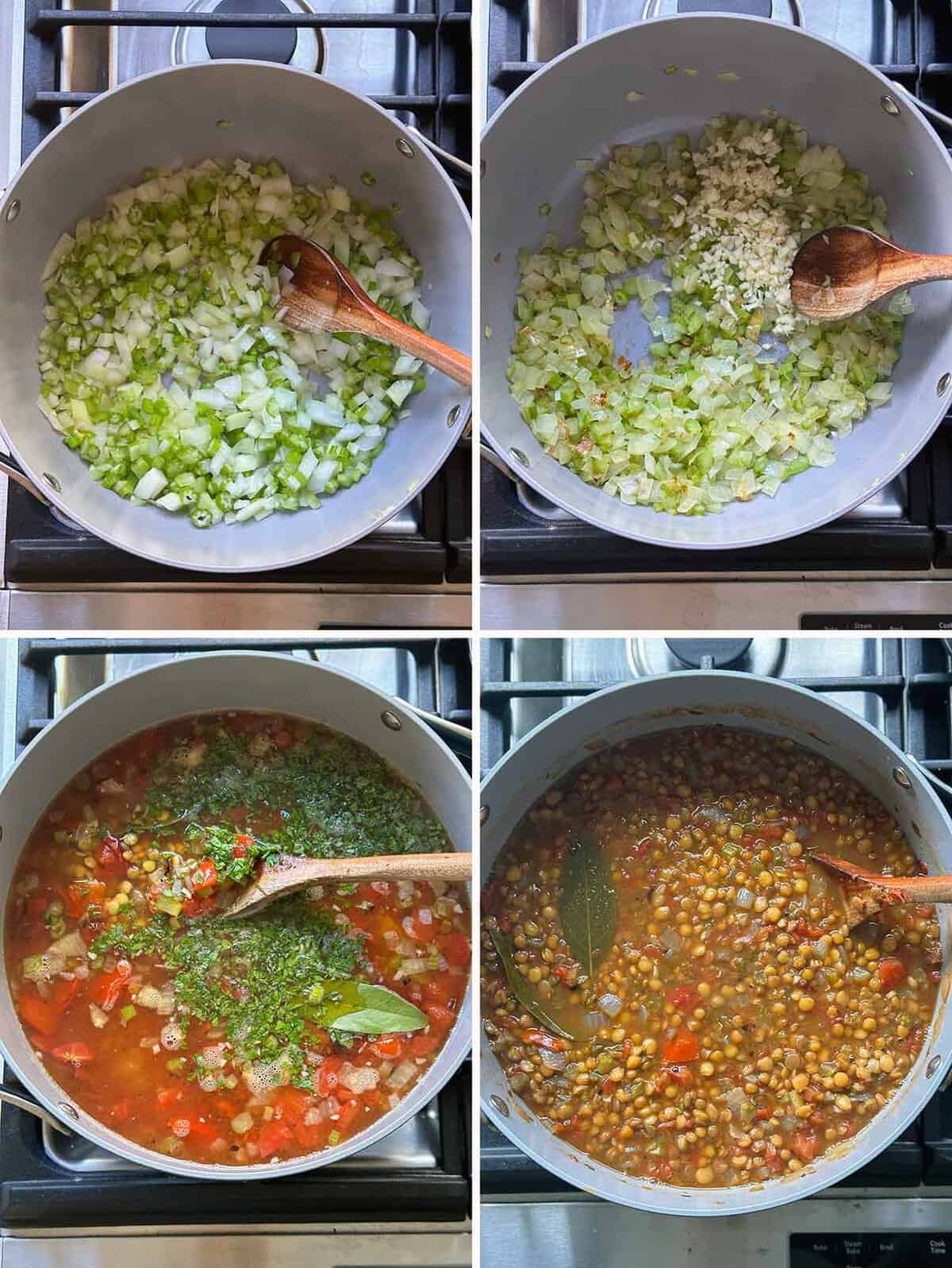 An overhead photo of a bowl of lentil soup on a towel with sliced bread, parsley, and onions around it.