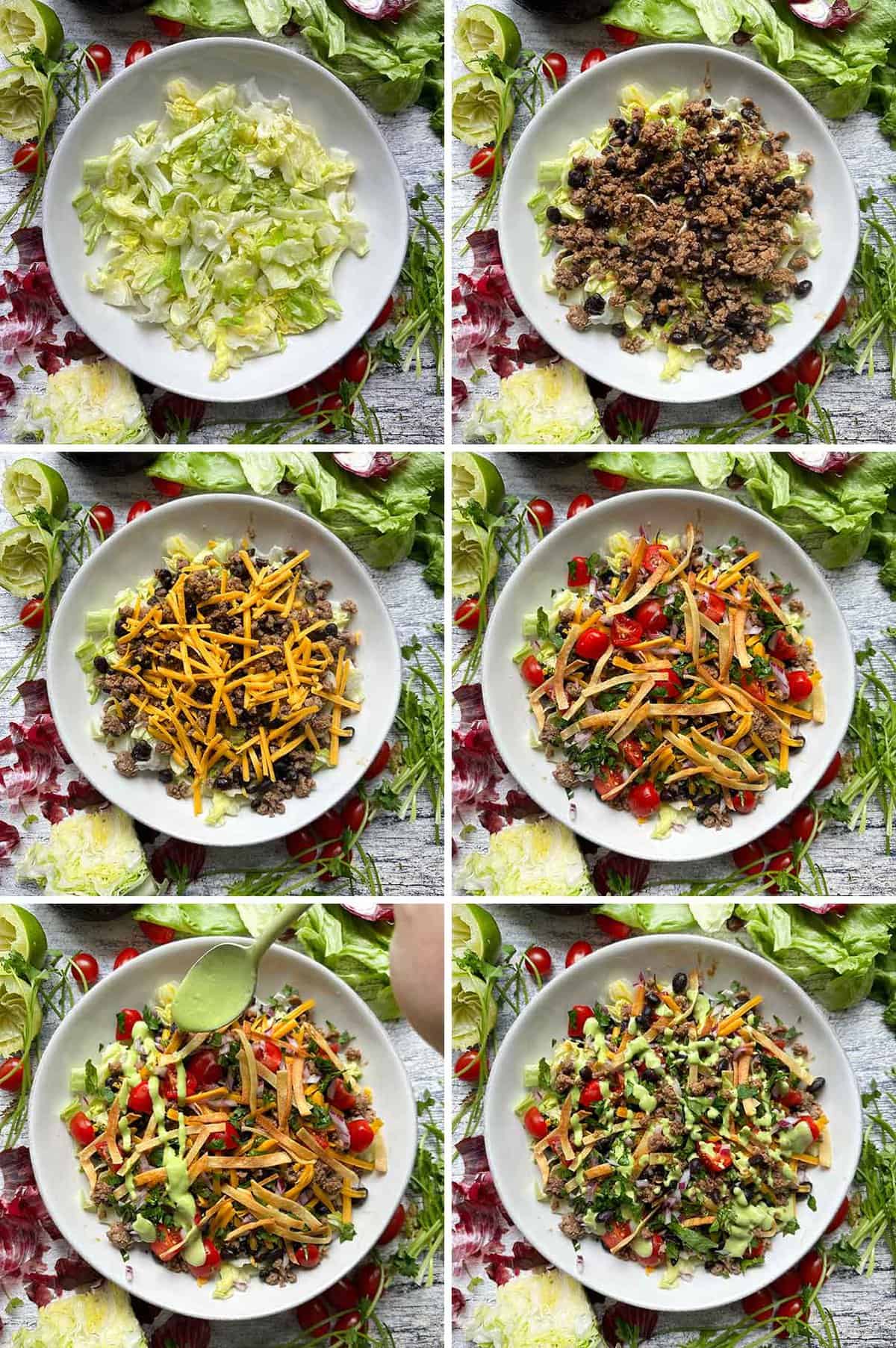 Process collage showing layering the ingredients for taco salad in a bowl.