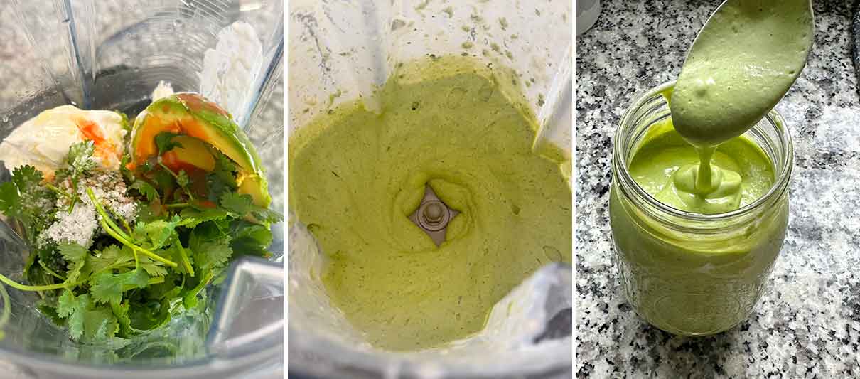Process collage showing making creamy avocado cilantro lime dressing in a blender.