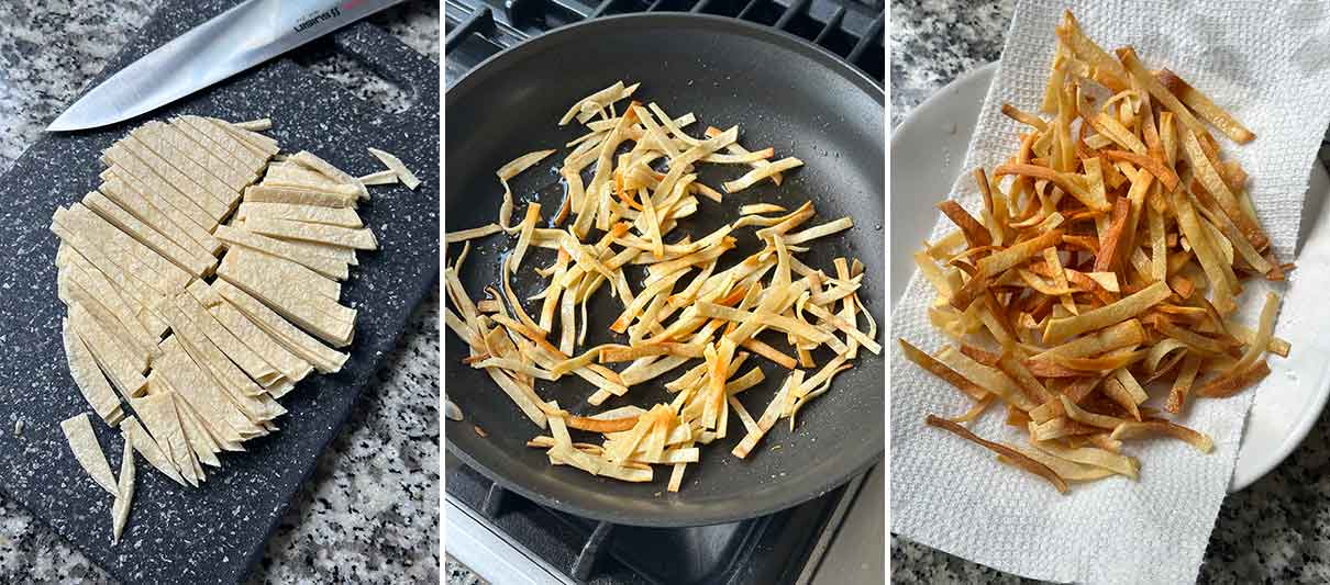 Process collage showing cut tortillas into strips and frying to make crunchy tortilla strips to top a salad.