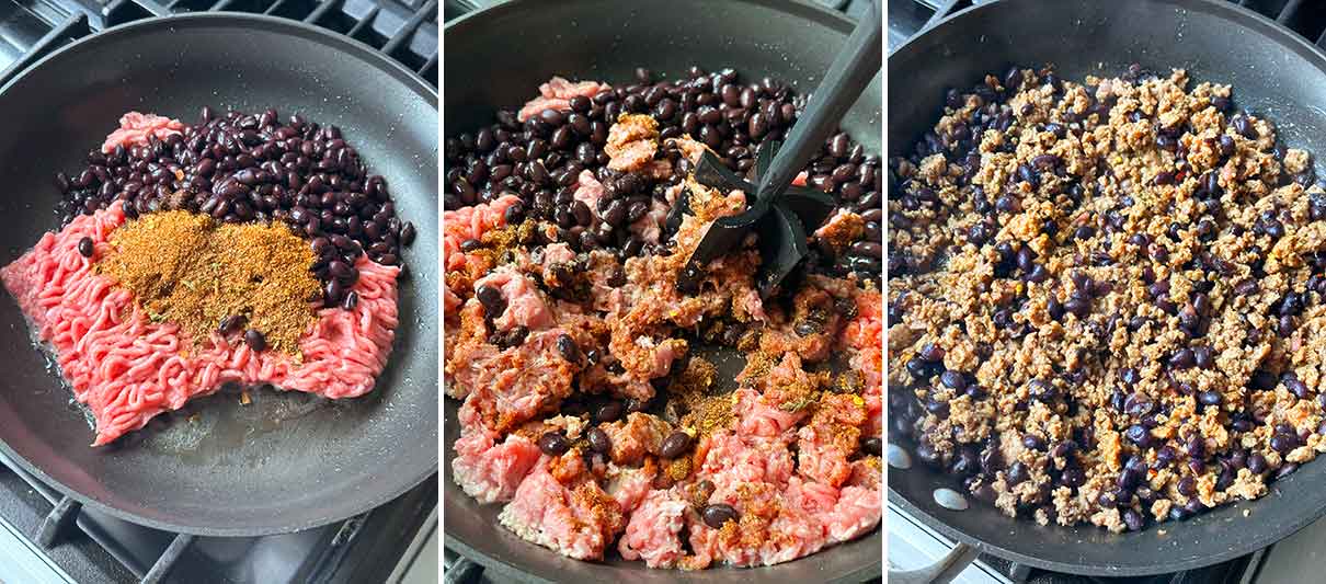Process collage showing how to cook ground turkey and black beans with taco seasoning in a skillet.