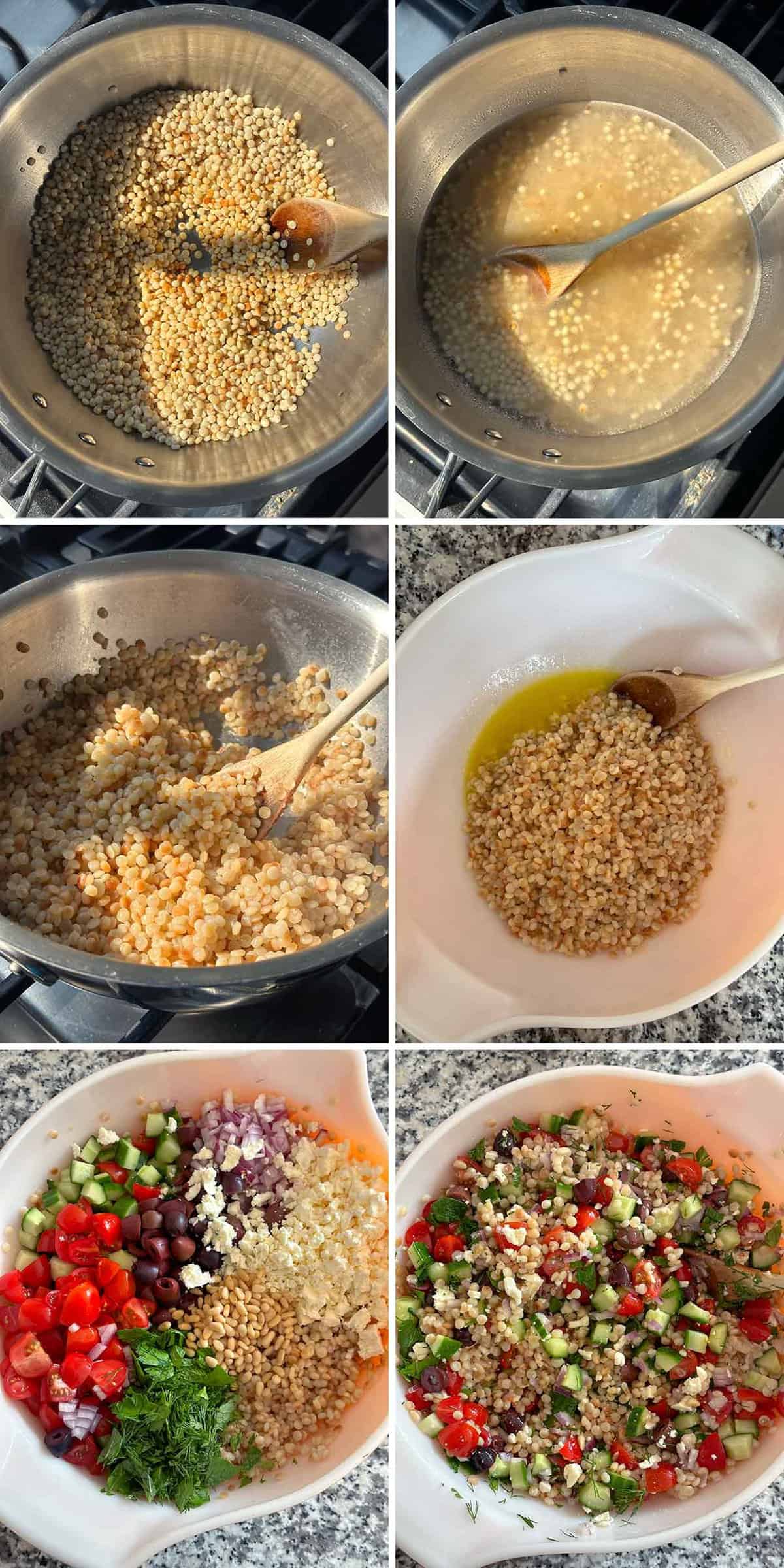 Process collage showing how to toast and cook Israeli couscous, and mix it into a Mediterranean couscous salad.