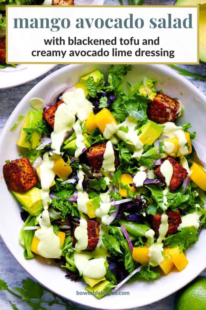 Pinterest image for mango avocado salad with blackened tofu.