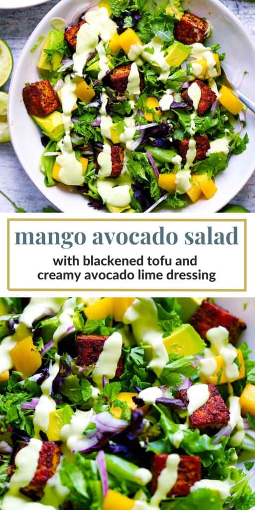 Pinterest image for mango avocado salad with blackened tofu.
