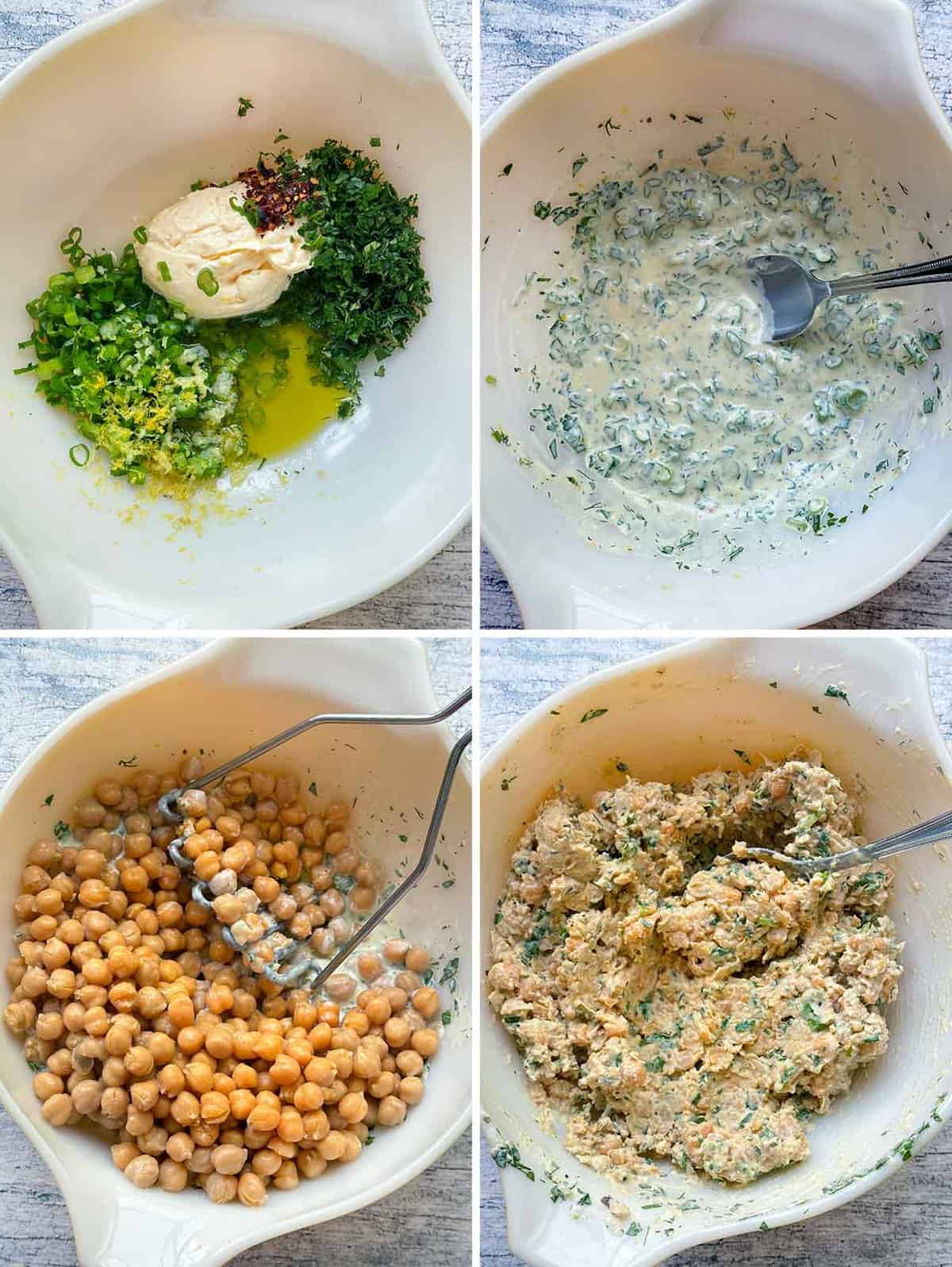 Process collage showing how to mix chickpea salad for sandwiches, mixing a lemon garlic herb mayo and then mashing chickpeas directly into it with a potato masher.