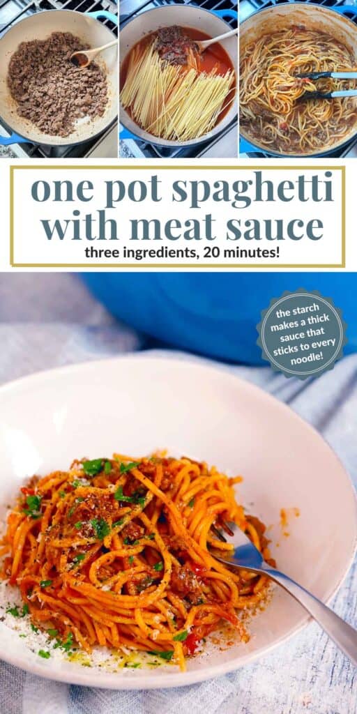 Pinterest image for one pot spaghetti with meat sauce.