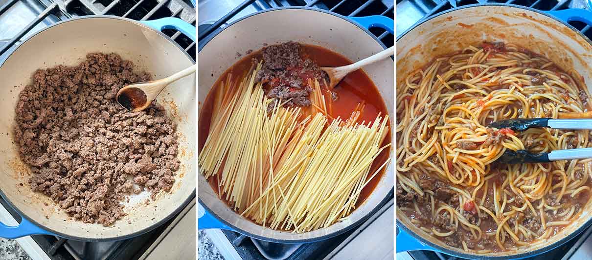 Process collage showing how to make spaghetti with meat sauce in one pot.