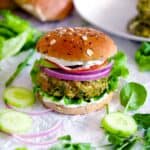 Square photo of a spanakopita turkey burger.