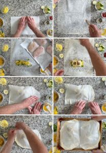 Process collage showing an option for how to wrap parchment packet for fish en papillote.