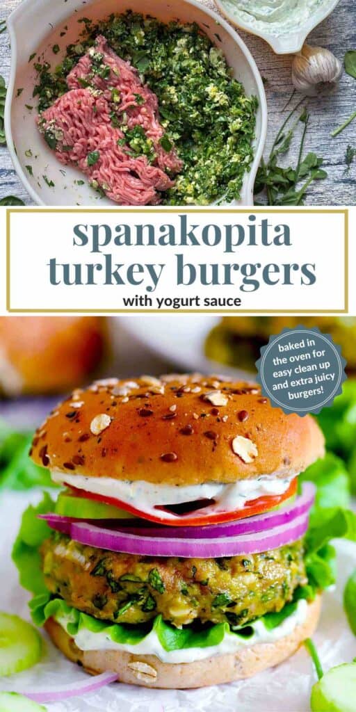 Pinterest image for spanakopita turkey burgers.