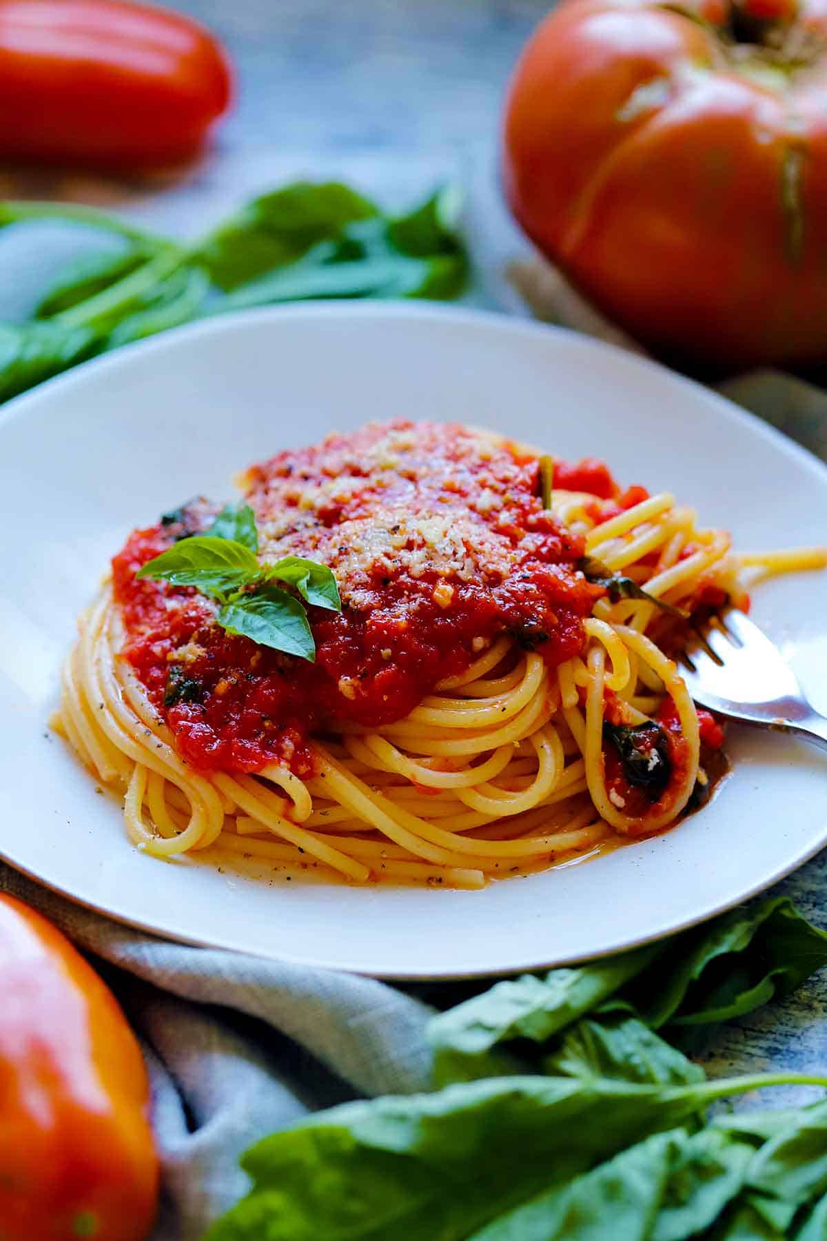 Side view of a plate with spaghetti and fresh tomato sauce with basil on it.