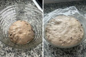 Process collage showing the dough for no knead bread with cinnamon and raisins before and after rising and doubling in size in a bowl covered in plastic wrap.