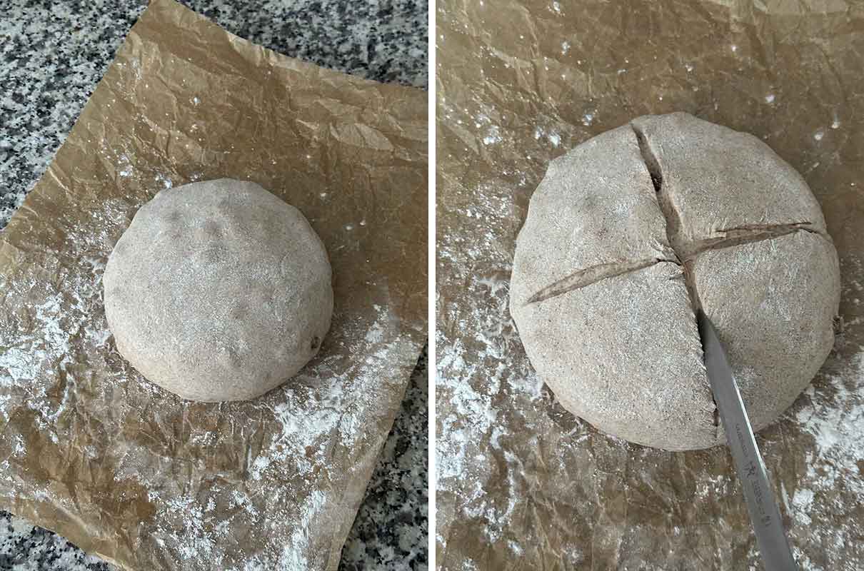Process collage showing shaped no knead dough on floured parchment paper and then how it's scored using a sharp knife into an X shape.