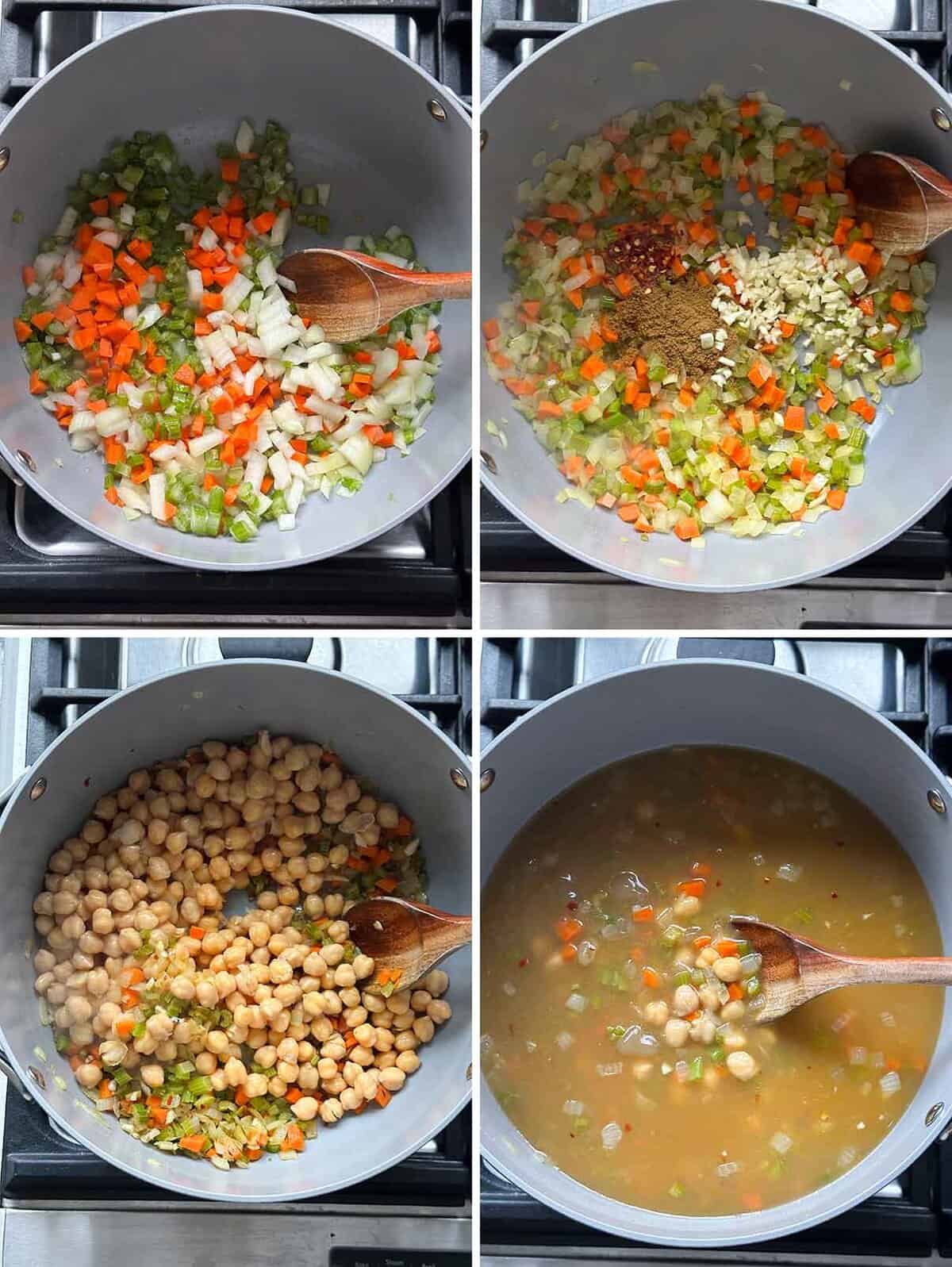 Process collage showing how to start an easy chickpea soup by sautéing celery, carrots, and onions, adding garlic and spices, then adding chickpeas and broth.