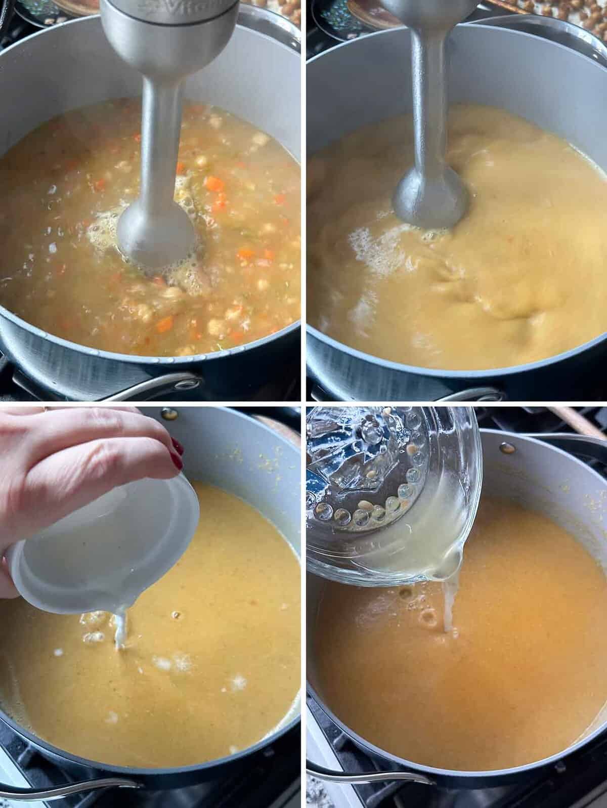 Process collage showing how to make an easy pureed chickpea soup with an immersion blender, and adding a cornstarch slurry and lemon juice to the pot after pureeing.