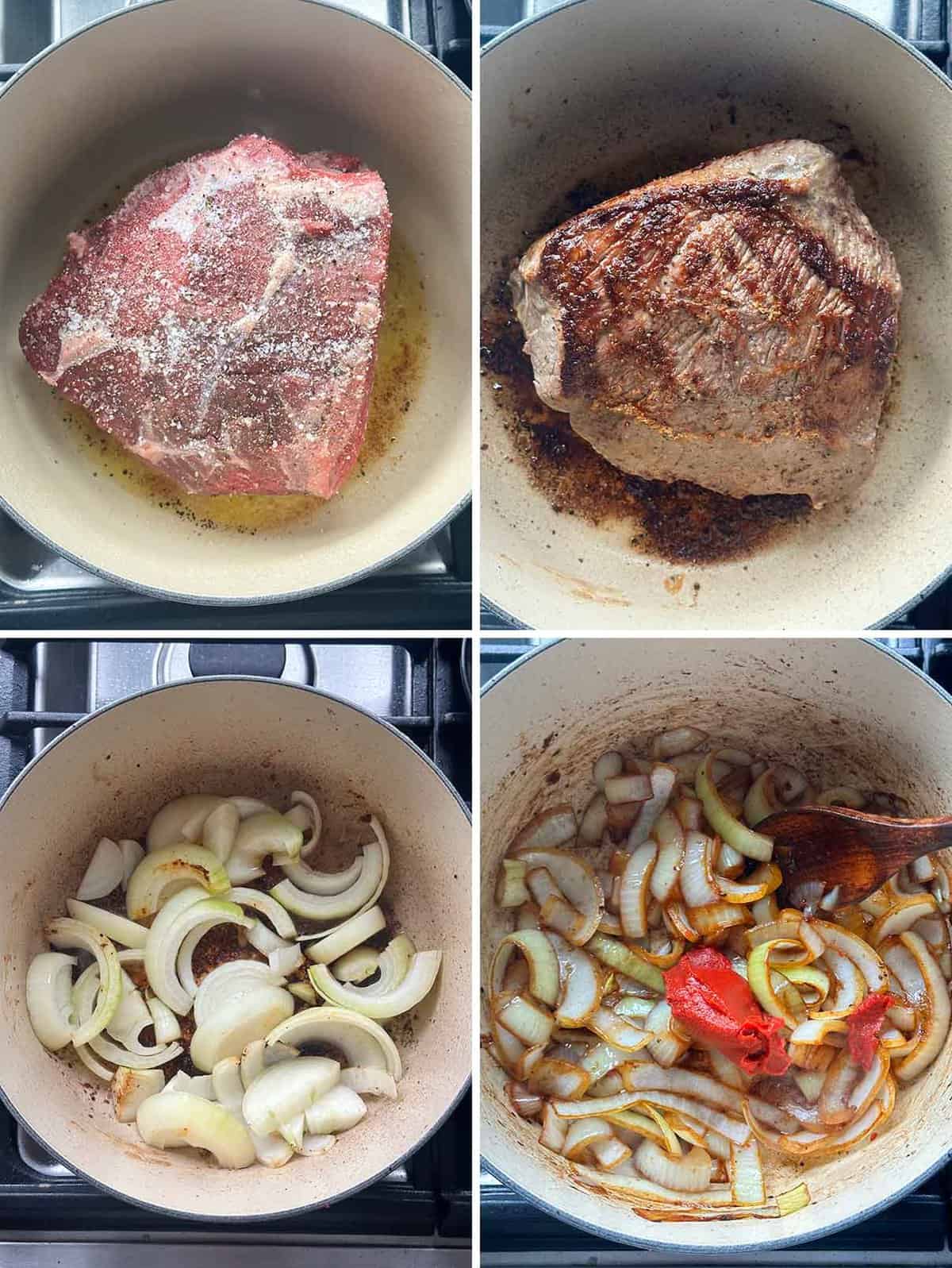 Process collage showing browning a bottom round roast in a dutch oven for pot roast, then adding sliced onions and tomato paste.
