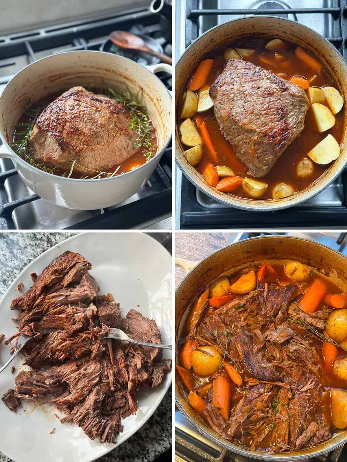Process collage showing a browned bottom round roast in a Dutch oven with thyme and rosemary, adding potatoes and carrots after baking halfway, then shredding the beef and putting it back into the pot.