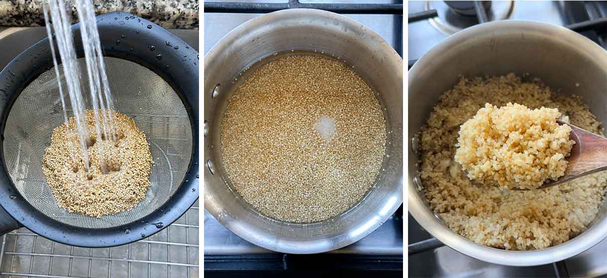 Process collage showing rinsing quinoa, putting it in a pot with water and salt, and the fluffy result after cooking on a wooden spoon.