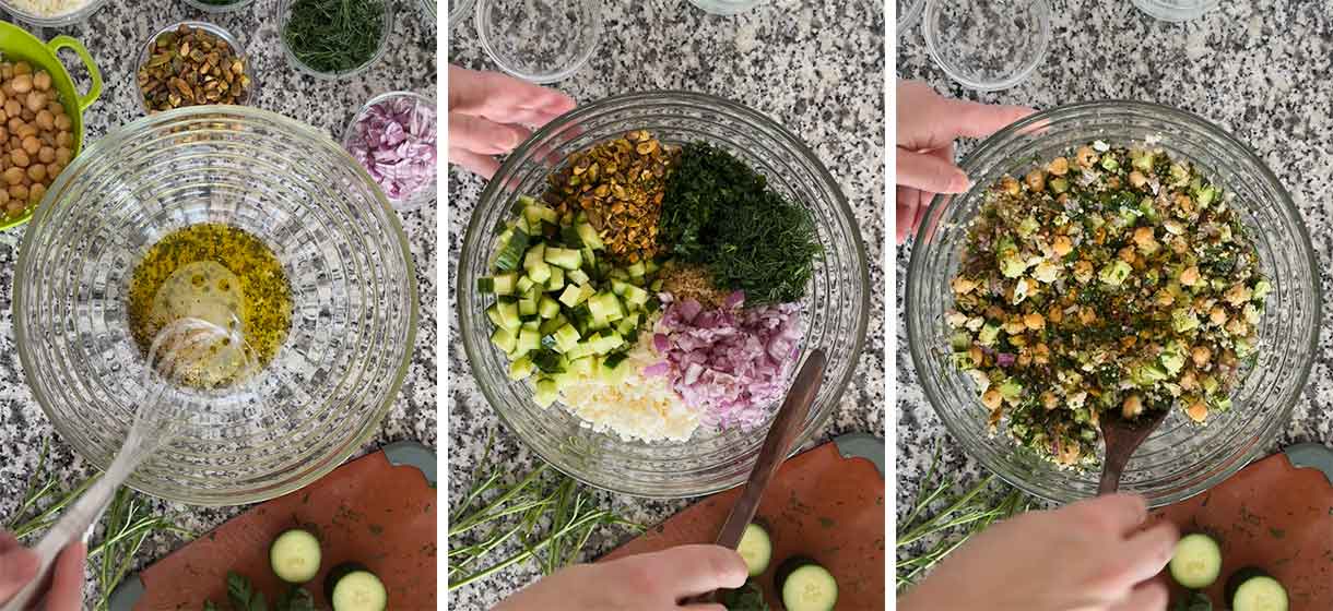 Process collage showing mixing a lemon garlic dressing in a large bowl, then adding cucumbers, herbs, red onion, feta, chickpeas, quinoa, and pistachios to it, and mixing it all up to make the Jennifer Aniston salad.