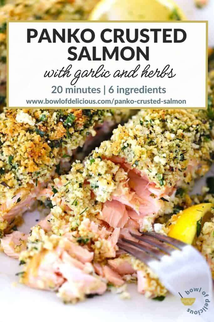 Pinterest image for panko crusted salmon with garlic and herbs.