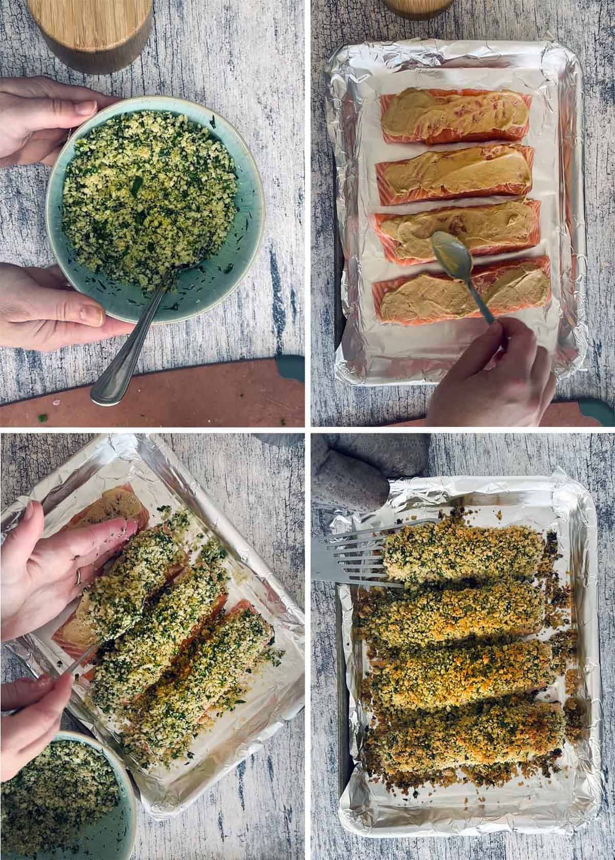 Process collage showing how to make salmon with a panko crust, mixing the panko mixture with herbs and garlic and lemon, brushing dijon mustard on the salmon, topping with the panko mixture, and baking.