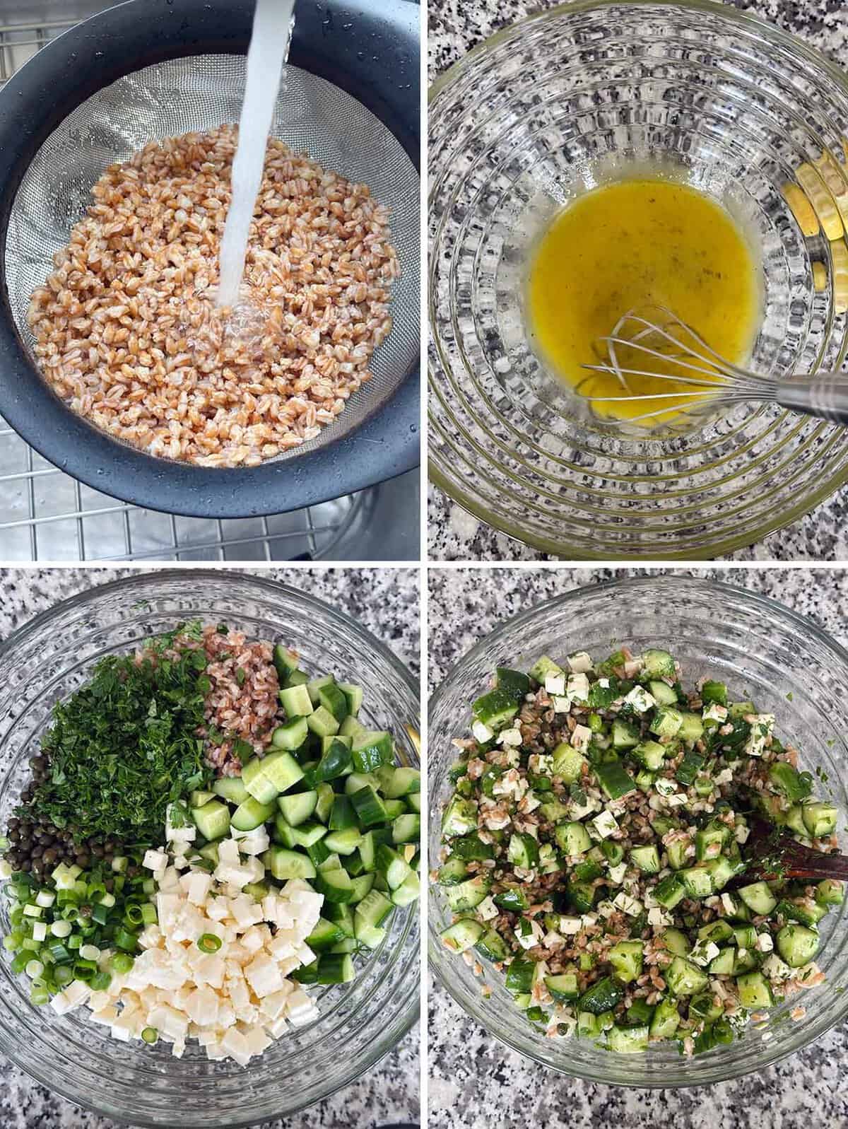 Process collage showing rinsing cooked farro to cool it, mixing a lemon olive oil dressing, and adding the ingredients for cold farro salad into a bowl.