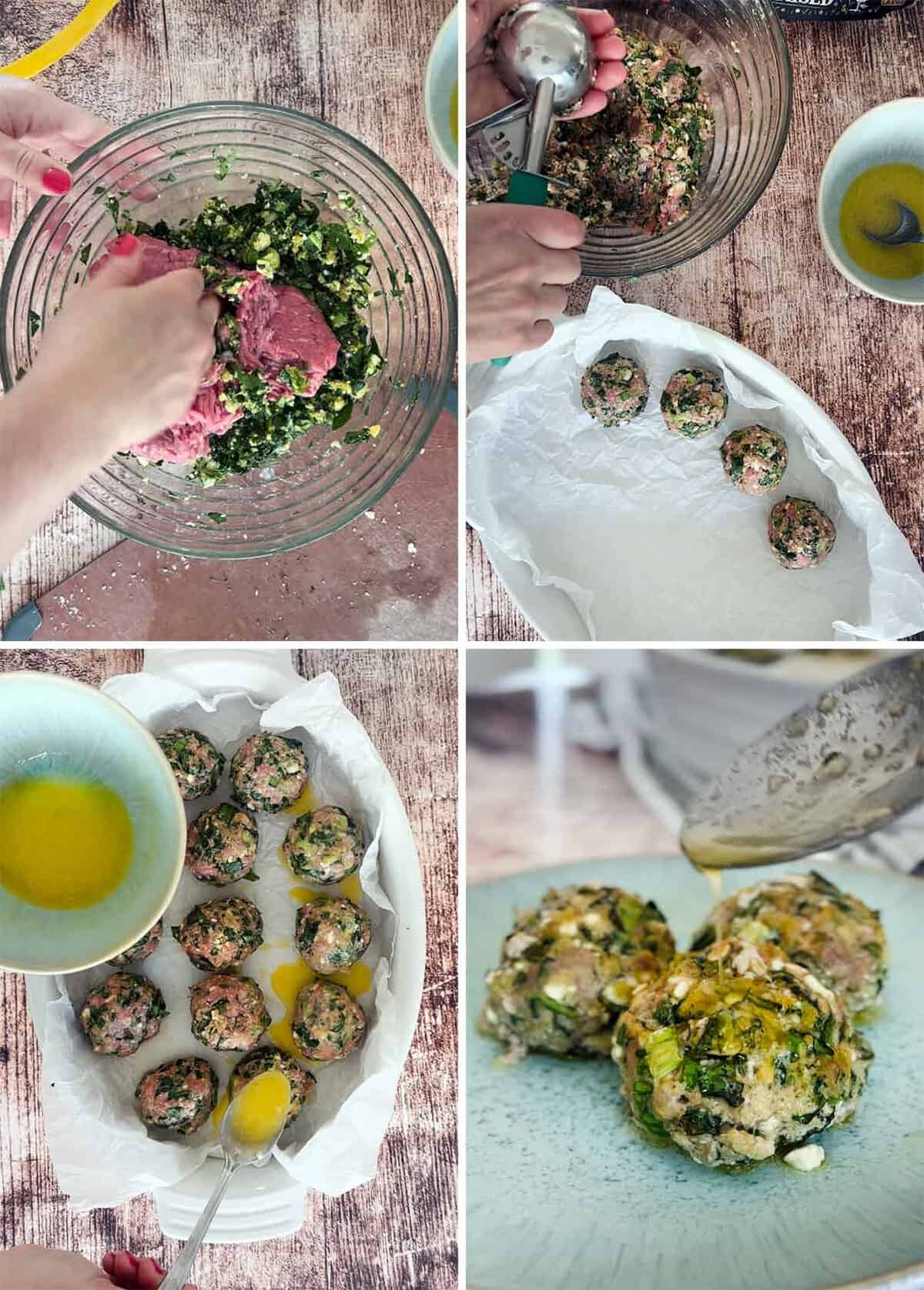 Process collage showing mixing spanakopita meatballs, forming the meatballs, placing in a baking dish lined with parchment paper and drizzling lemon butter over them.