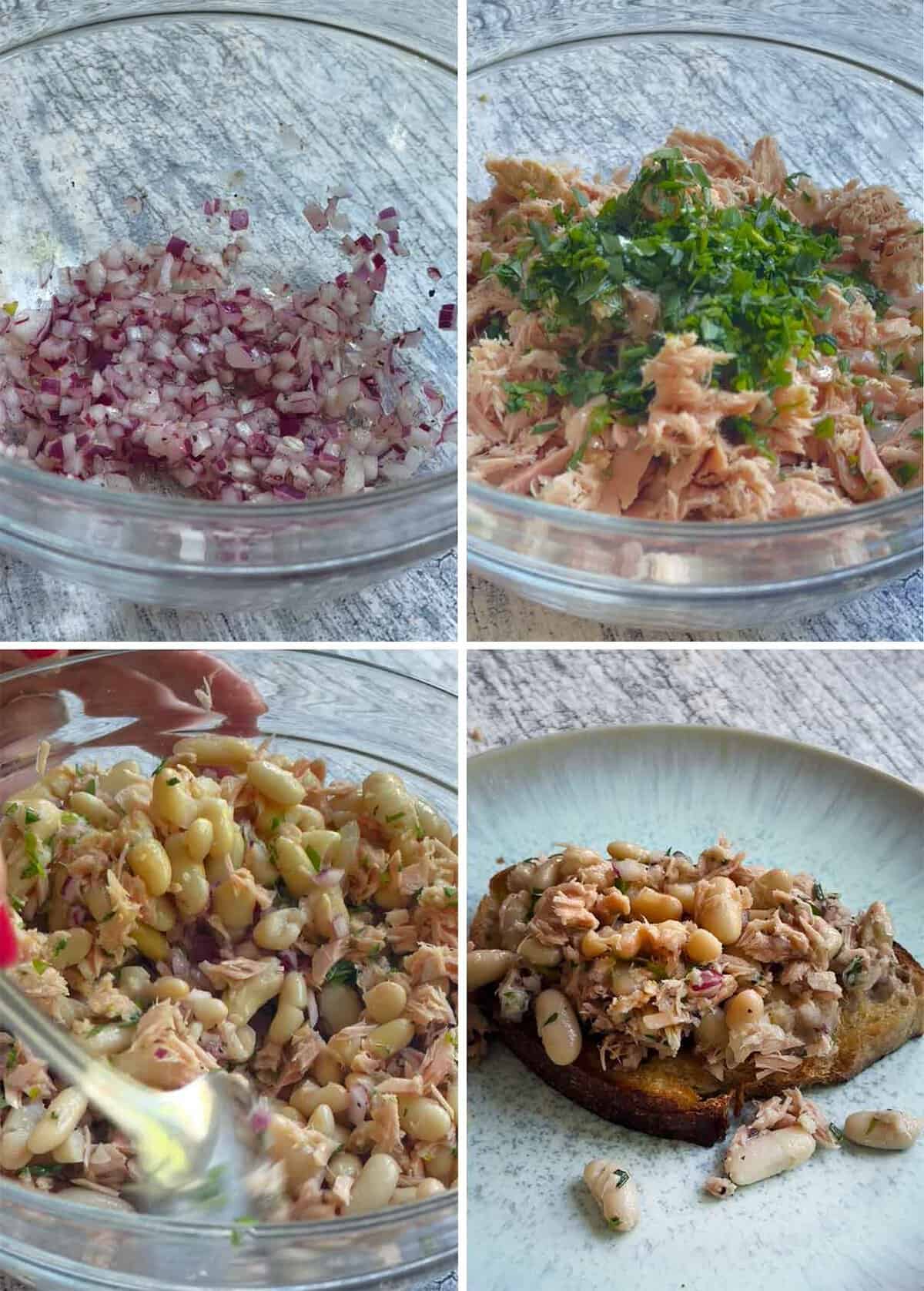 Process collage showing how to mix tuna and white bean salad, soaking the onions in red wine vinegar then adding the remaining ingredients, mixing together, and spooning on top of toasted bread.