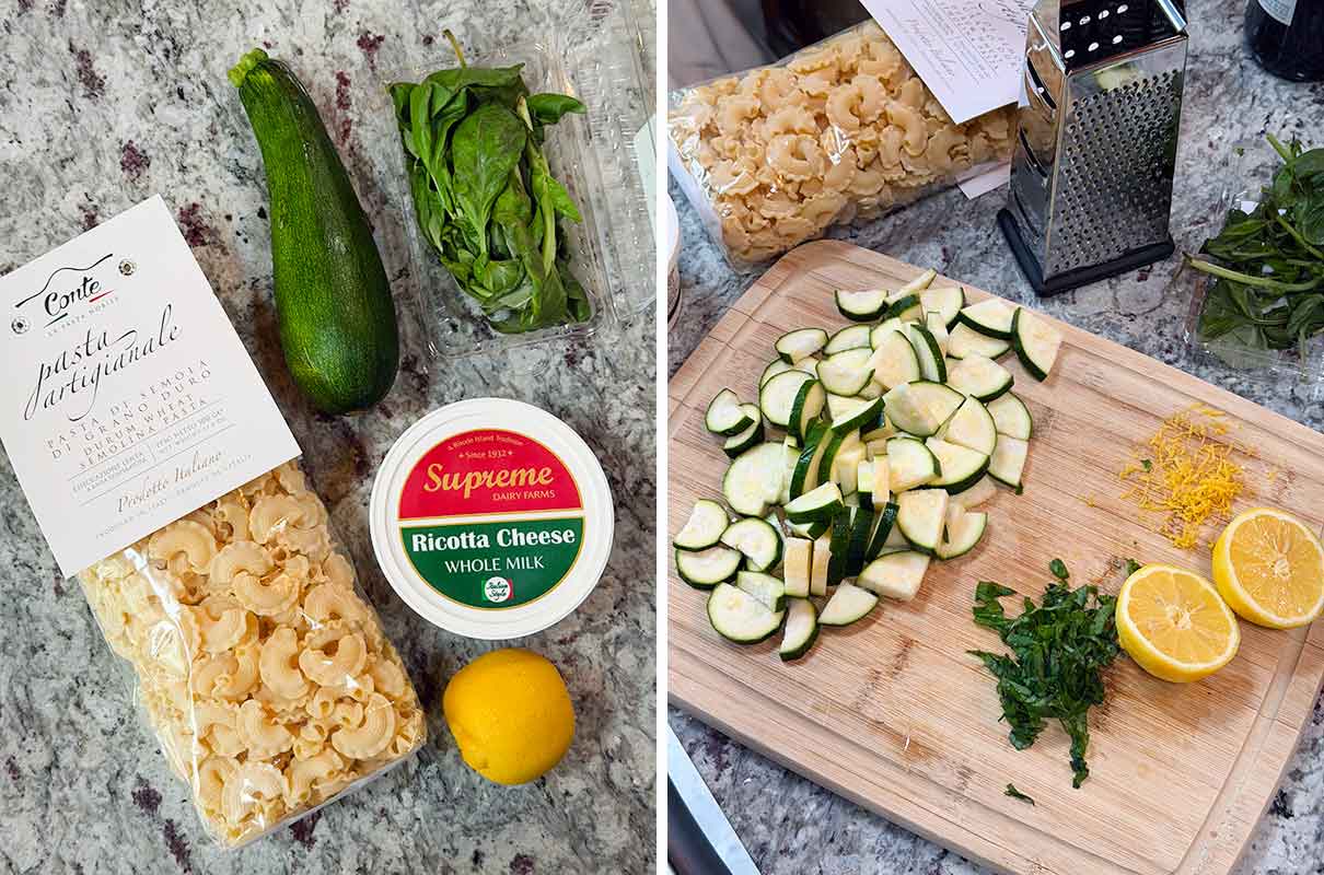 A photo showing pasta, ricotta, zucchini, basil, and a lemon on the left, and on the right the zucchini sliced, basil chopped, and lemon halved and zested on a wooden cutting board.