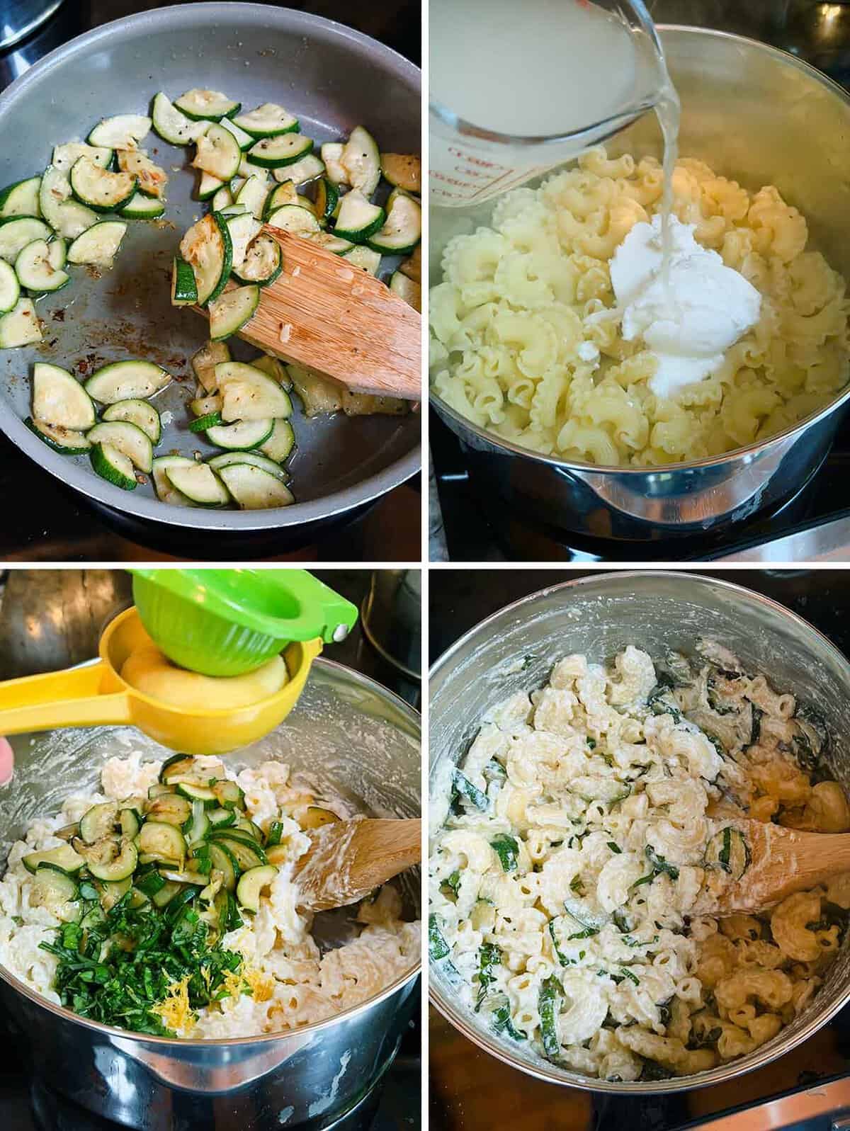 Process collage showing saut&eacute;ing zucchini in a skillet, mixing ricotta and pasta water with pasta, and adding lemon juice, zest, basil, and the cooked zucchini to the pasta.