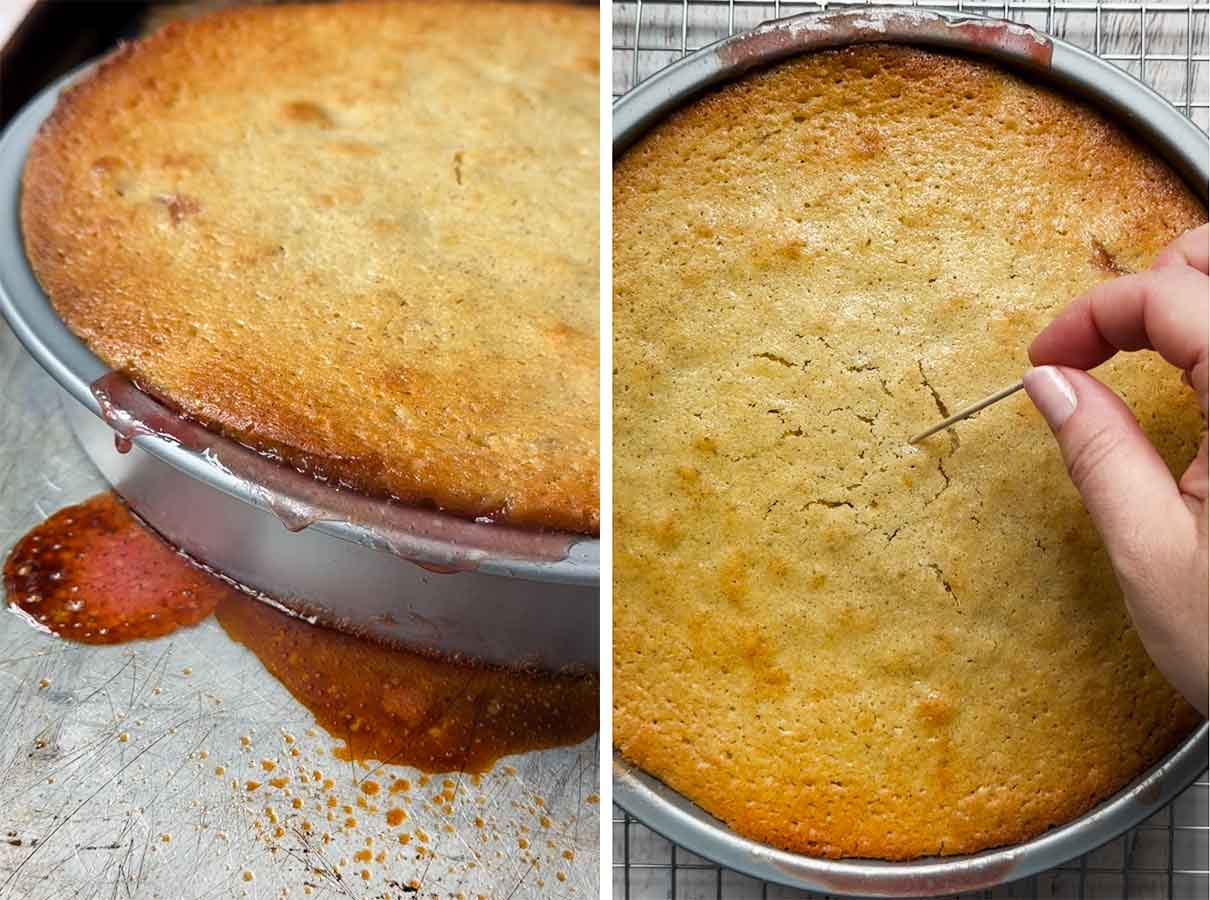 Process collage showing how upside down cakes bubble out the side of the pan and checking for doneness with a toothpick in the center.