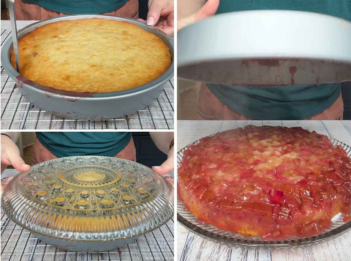 Process collage showing loosening the sides of an upside down cake with a knife and inverting it onto a serving platter.