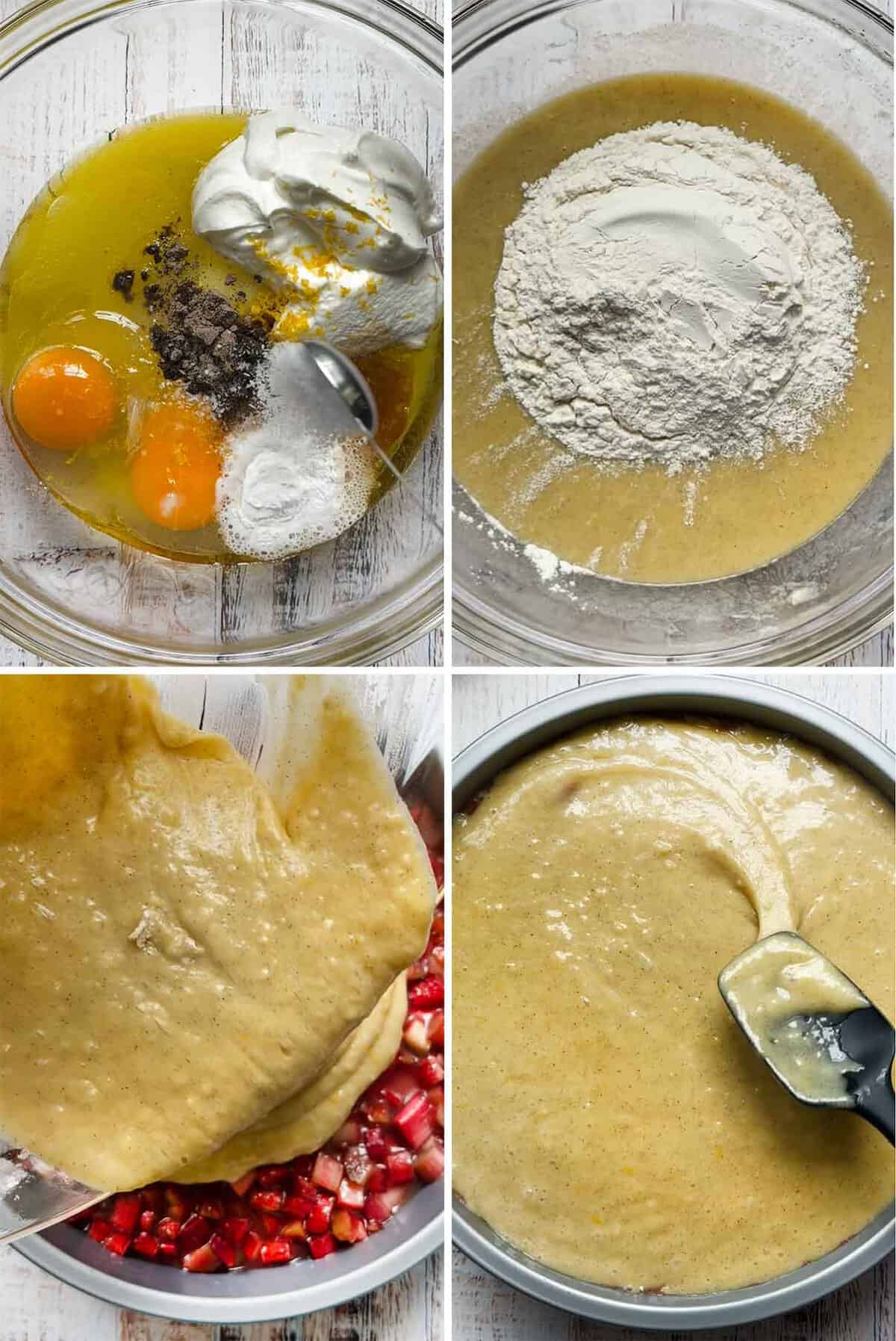 Process collage showing mixing the batter for a rhubarb upside down cake and spreading it on top of the rhubarb topping in a pan.