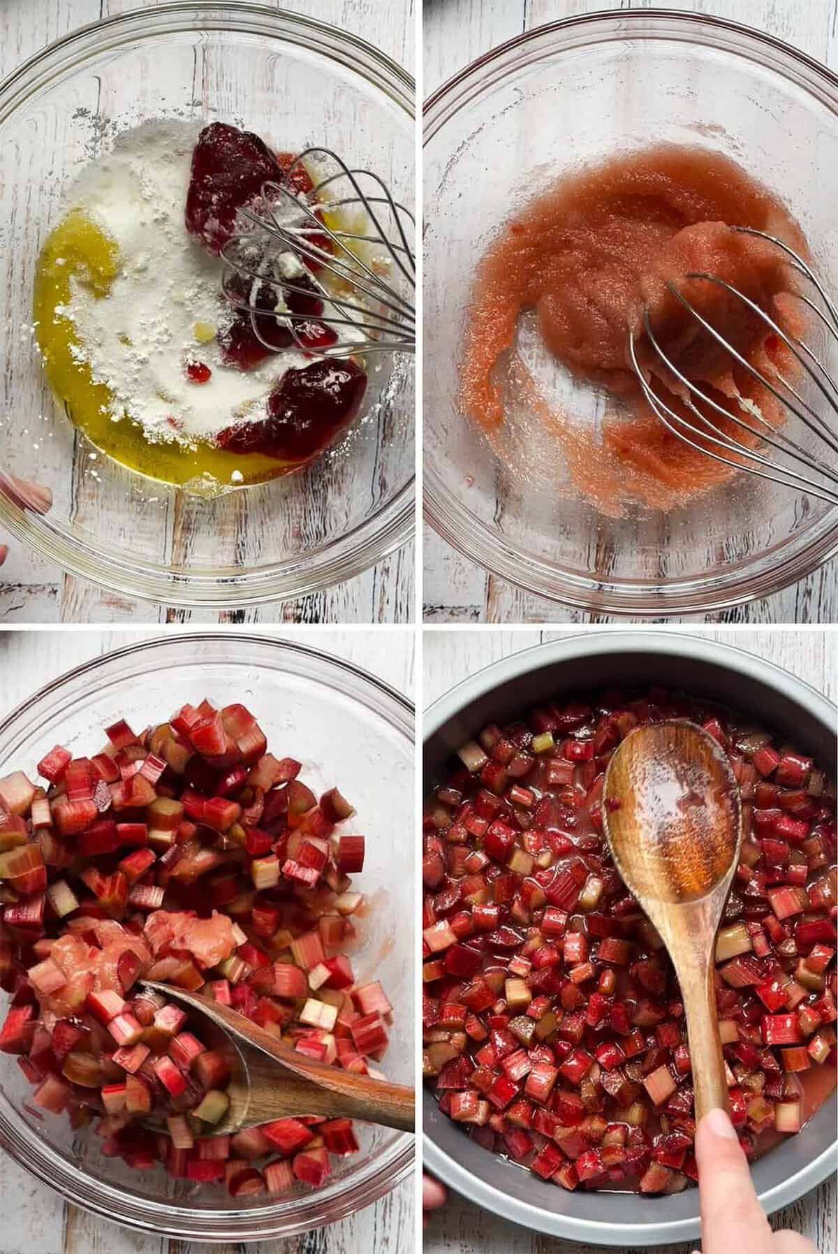 Process collage showing mixing the topping for a rhubarb upside down cake and pressing it into a prepared pan.