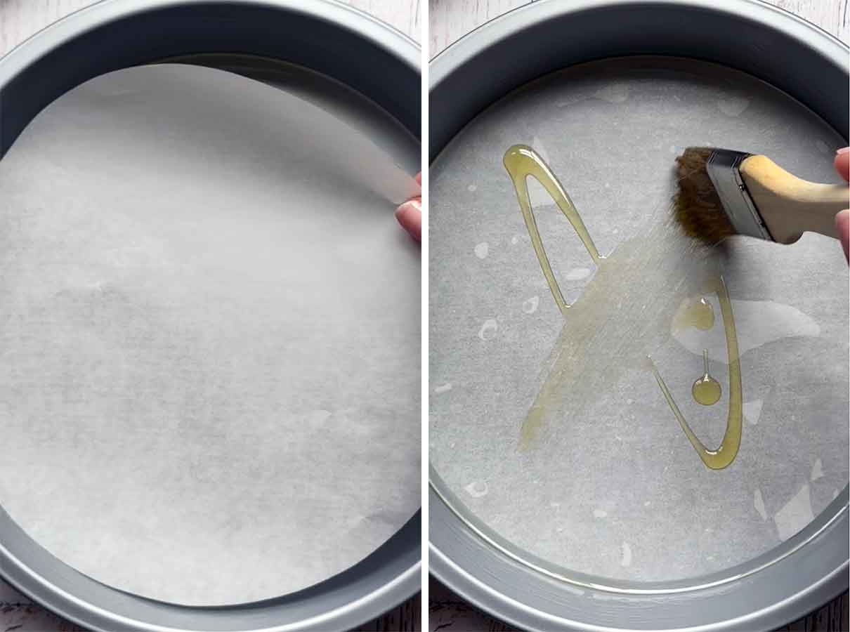 Process collage showing greasing a circular baking pan, placing parchment paper on top, and greasing the top again.