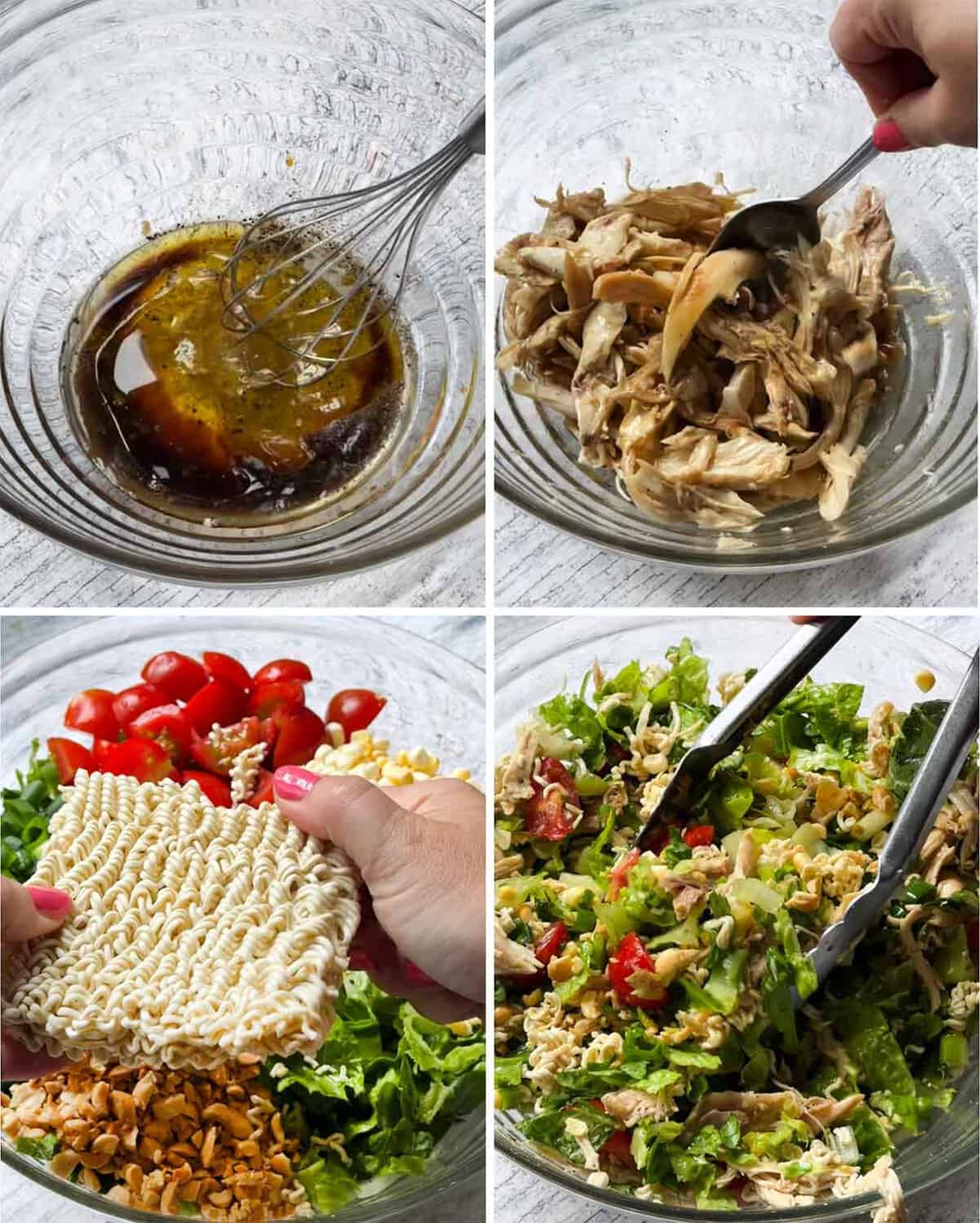 Process collage showing mixing salad dressing in the bottom of a large bowl, adding rotisserie chicken and stirring to coat, then adding remaining ingredients and crushing ramen noodles into the bowl, and mixing together with tongs.