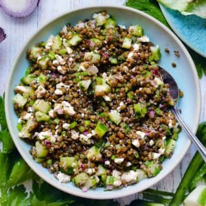 Square overhead photo of Greek lentil salad with lentils, cucumber, feta cheese, celery, and red onion in a blue bowl with a spoon.