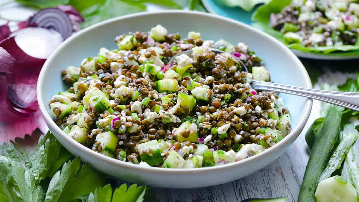 Close-up angled shot of Greek lentil salad with diced cucumber, crumbled feta, celery, and red onion in a white bowl with a spoon.